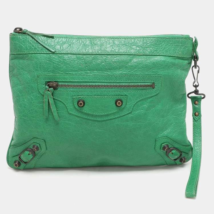 Pre Owned Balenciaga Green Leather Flat Clutch