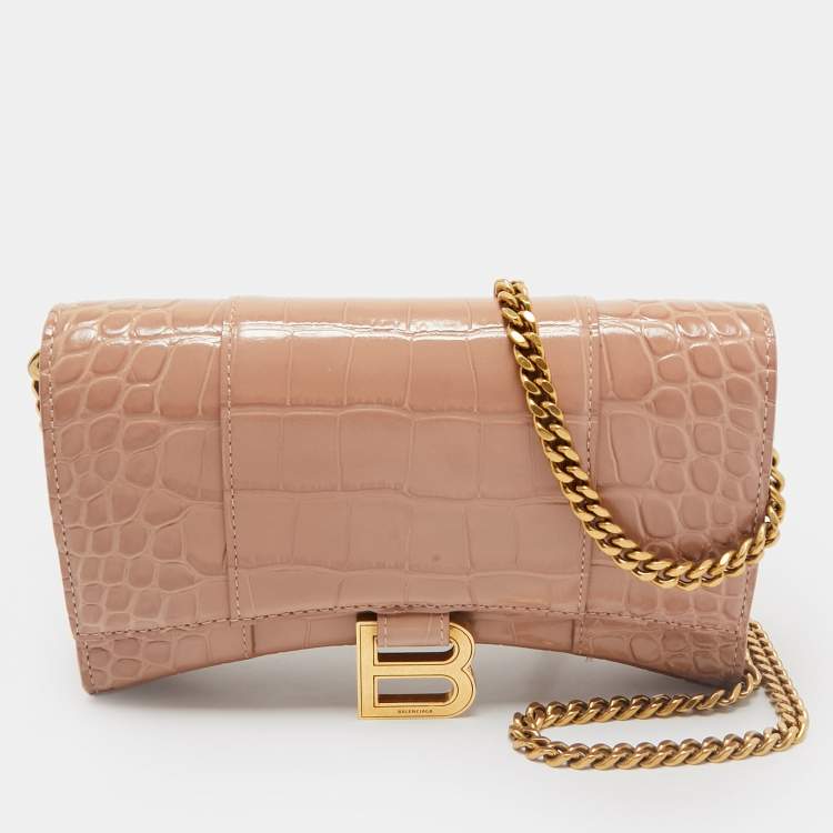 Pre Owned Balenciaga Old Rose Croc Embossed Leather Hourglass Wallet on Chain