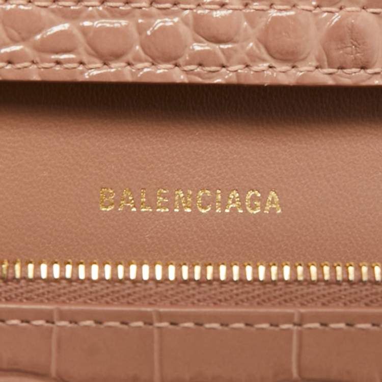 Pre Owned Balenciaga Old Rose Croc Embossed Leather Hourglass Wallet on Chain