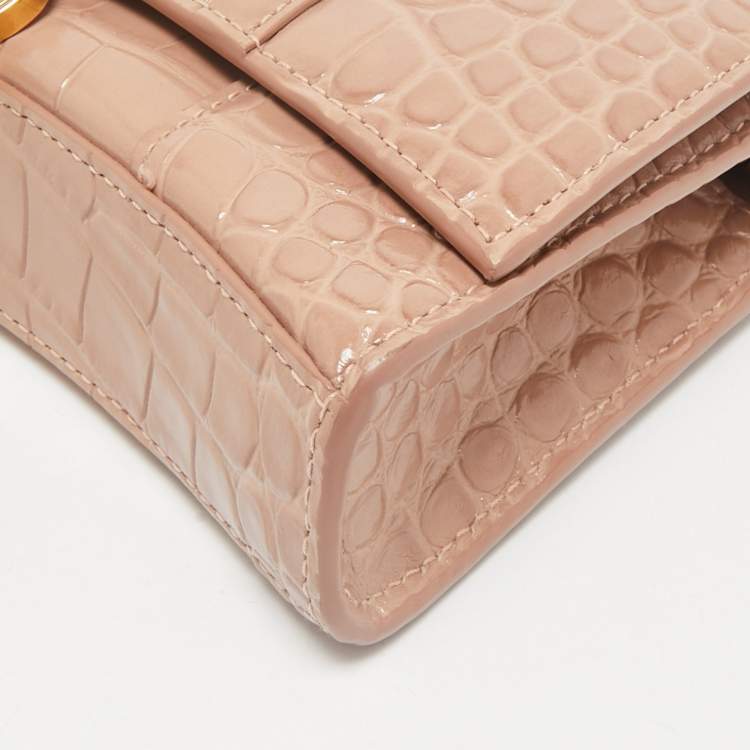 Pre Owned Balenciaga Old Rose Croc Embossed Leather Hourglass Wallet on Chain