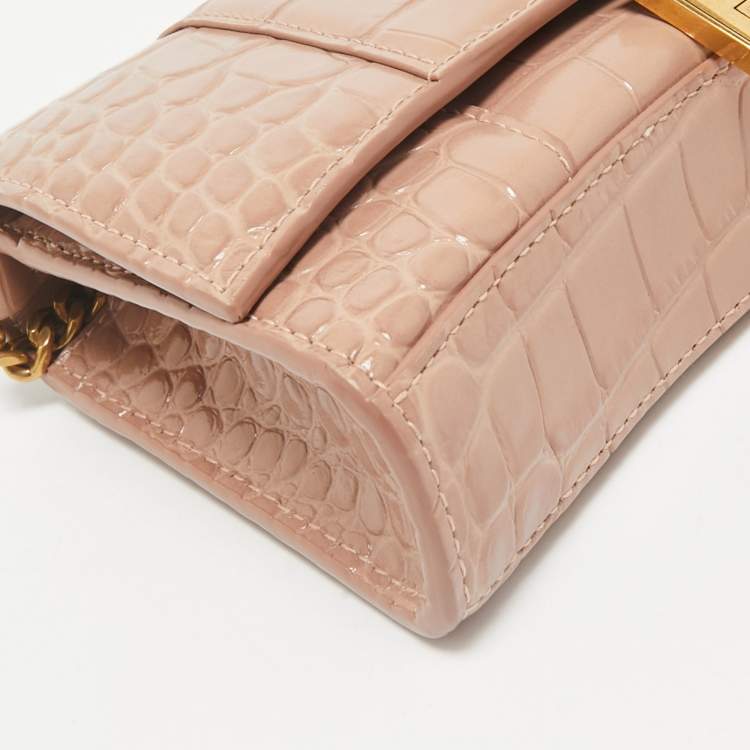 Pre Owned Balenciaga Old Rose Croc Embossed Leather Hourglass Wallet on Chain