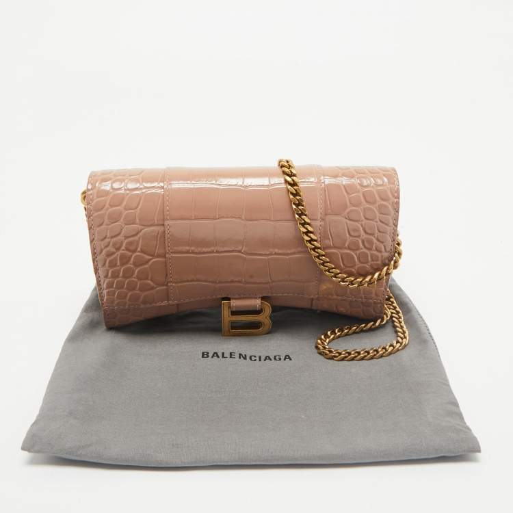 Pre Owned Balenciaga Old Rose Croc Embossed Leather Hourglass Wallet on Chain