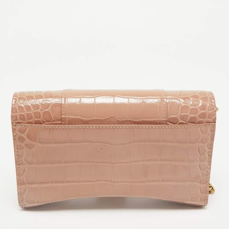 Pre Owned Balenciaga Old Rose Croc Embossed Leather Hourglass Wallet on Chain