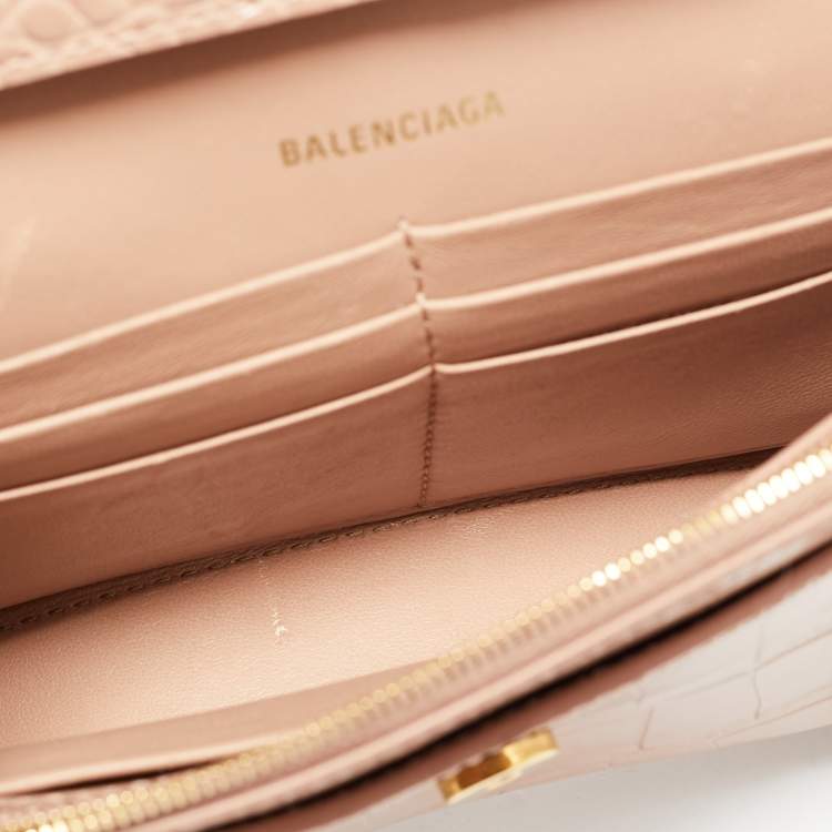 Pre Owned Balenciaga Old Rose Croc Embossed Leather Hourglass Wallet on Chain
