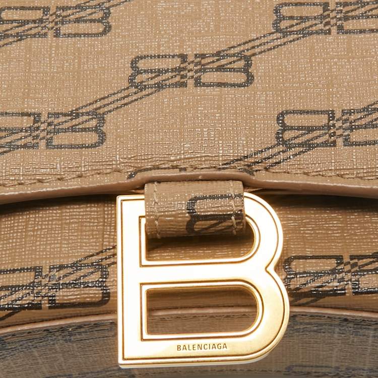 Pre Owned Balenciaga Tan BB Monogram Coated Canvas Hourglass Wallet on Chain