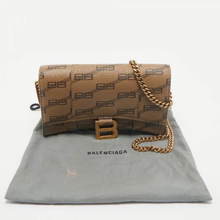 Pre Owned Balenciaga Tan BB Monogram Coated Canvas Hourglass Wallet on Chain