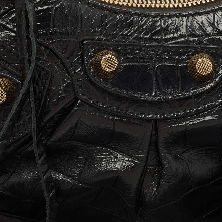 Pre Owned Balenciaga Black Croc Embossed Leather XS Le Cagole Shoulder Bag