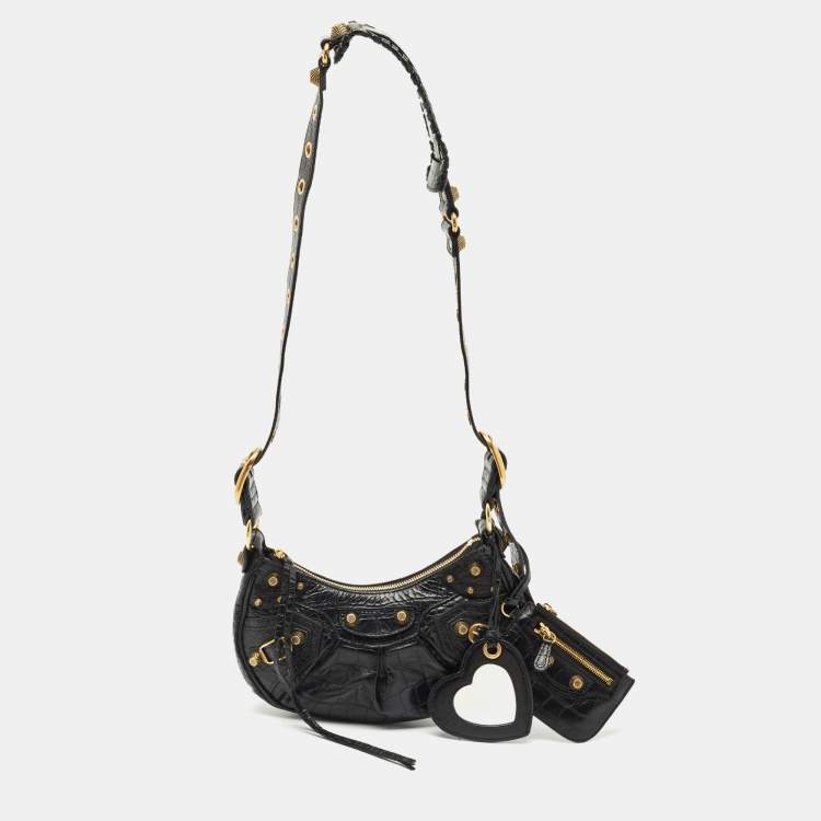Pre Owned Balenciaga Black Croc Embossed Leather XS Le Cagole Shoulder Bag