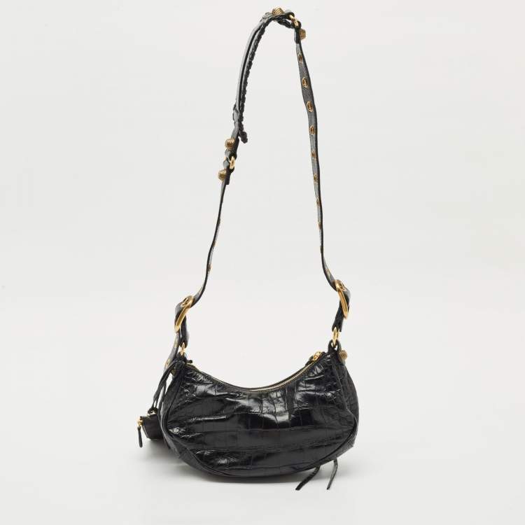 Pre Owned Balenciaga Black Croc Embossed Leather XS Le Cagole Shoulder Bag