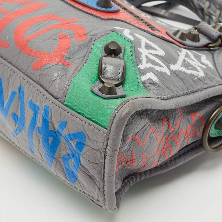 Pre Owned Balenciaga Gris Pyrite Graffiti Leather Mini RH Classic City Bag