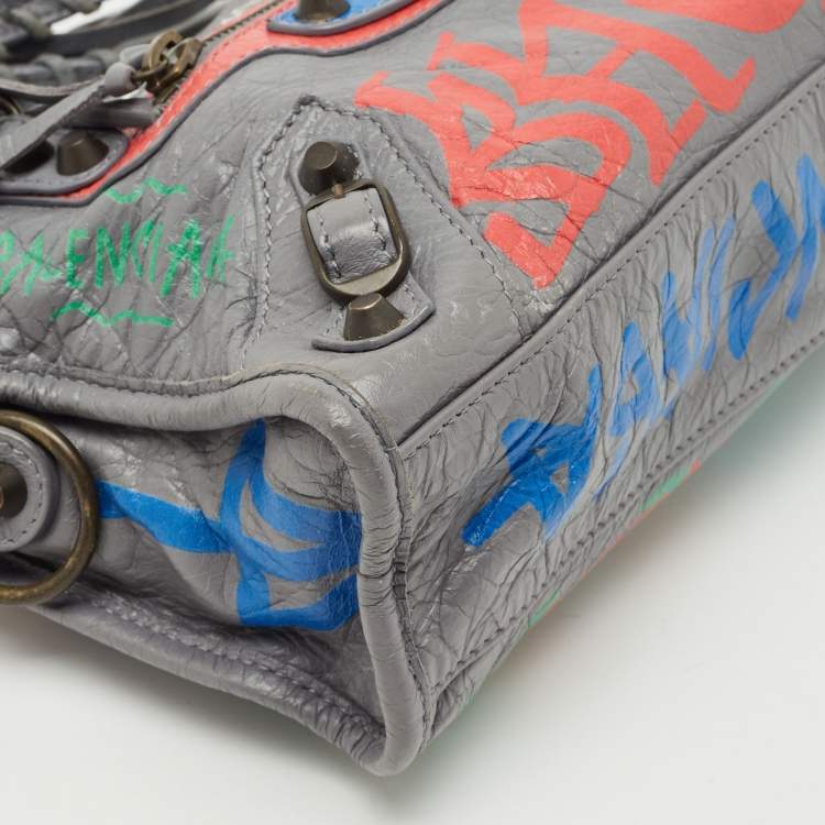 Pre Owned Balenciaga Gris Pyrite Graffiti Leather Mini RH Classic City Bag