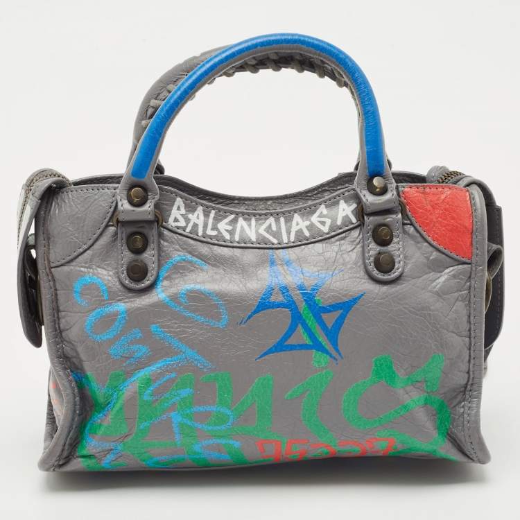 Pre Owned Balenciaga Gris Pyrite Graffiti Leather Mini RH Classic City Bag