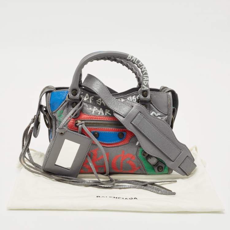 Pre Owned Balenciaga Gris Pyrite Graffiti Leather Mini RH Classic City Bag