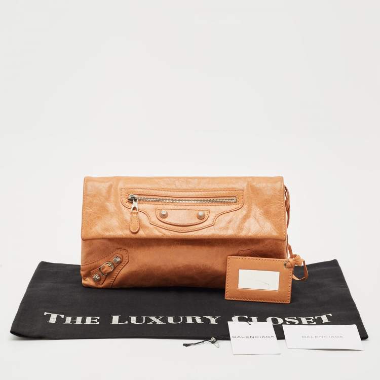 Pre Owned Balenciaga Peach Leather SH Classic Envelope Clutch