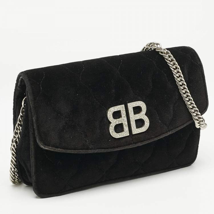Pre Owned Balenciaga Black Quilted Velvet BB Crystals Wallet On Chain