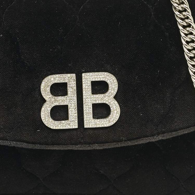 Pre Owned Balenciaga Black Quilted Velvet BB Crystals Wallet On Chain