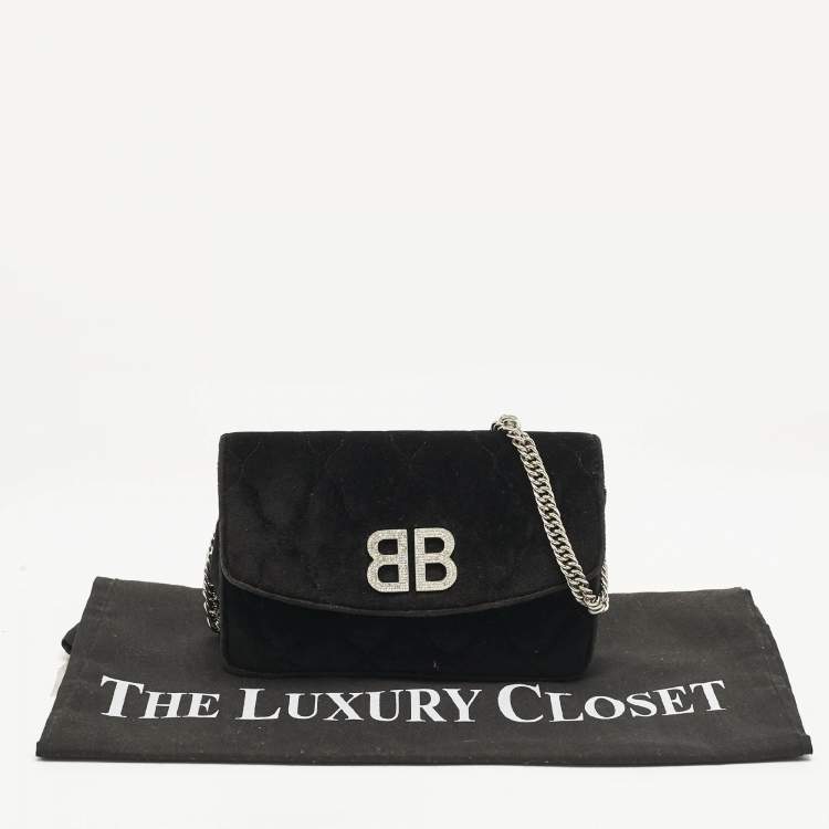 Pre Owned Balenciaga Black Quilted Velvet BB Crystals Wallet On Chain