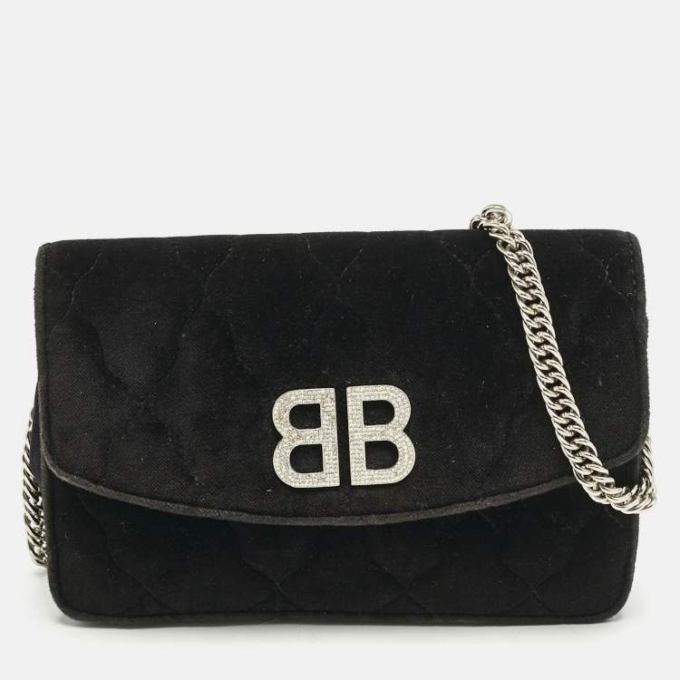 Pre Owned Balenciaga Black Quilted Velvet BB Crystals Wallet On Chain