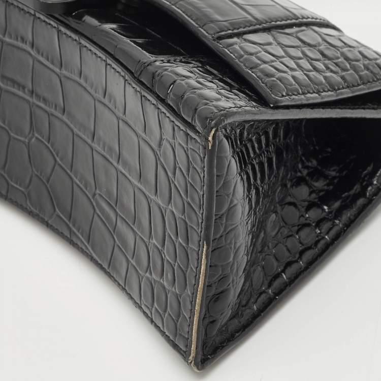 Pre Owned Balenciaga Black Croc Embossed Leather Small Hourglass Top Handle Bag
