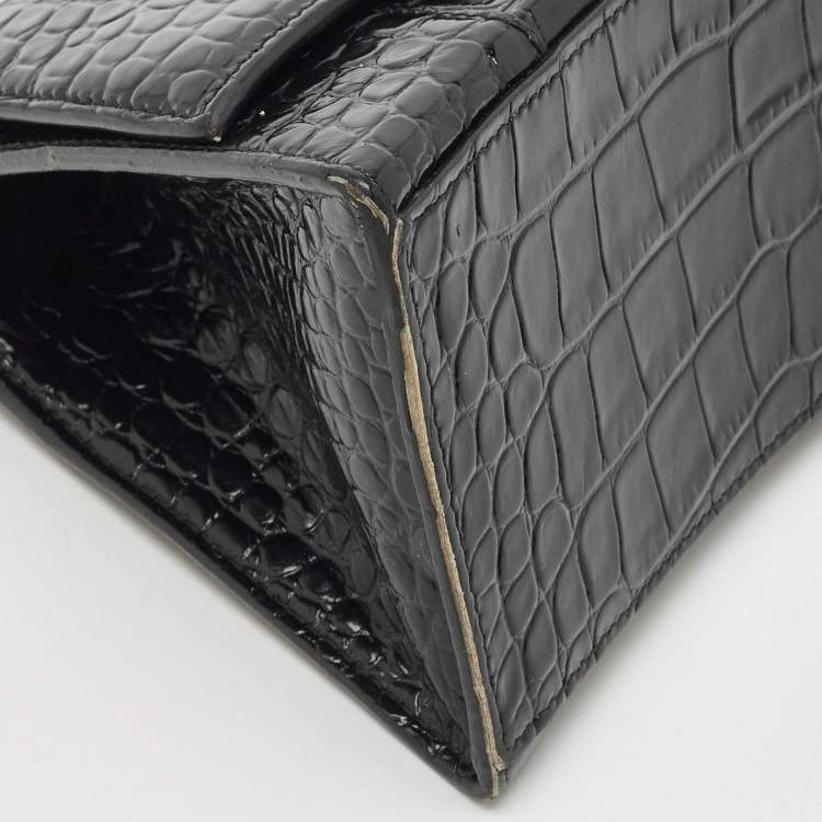 Pre Owned Balenciaga Black Croc Embossed Leather Small Hourglass Top Handle Bag