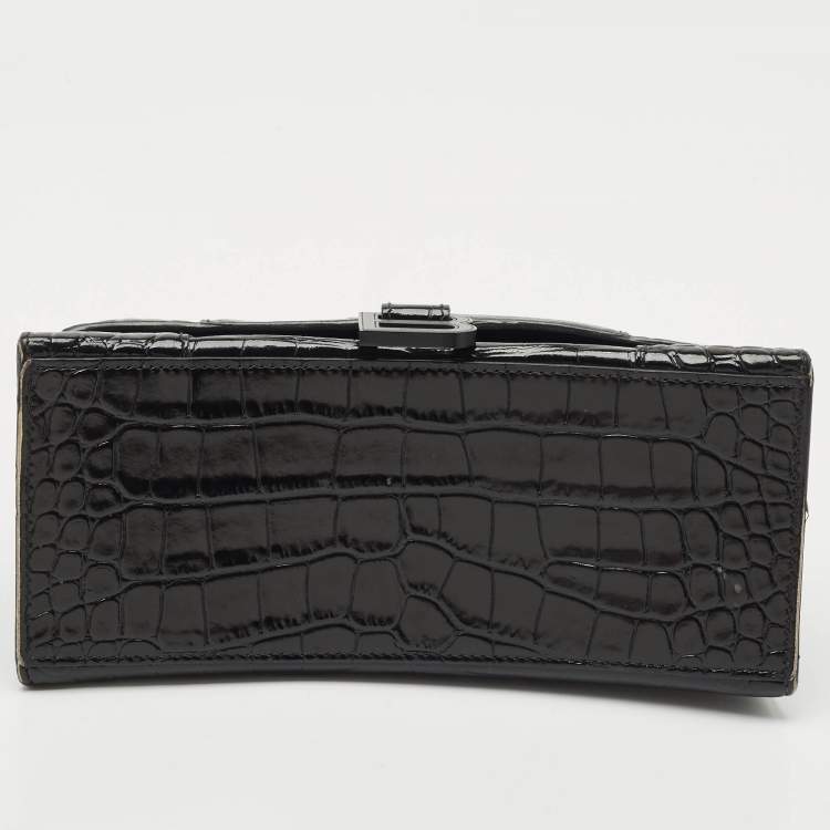 Pre Owned Balenciaga Black Croc Embossed Leather Small Hourglass Top Handle Bag