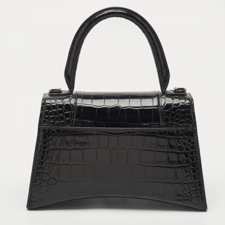 Pre Owned Balenciaga Black Croc Embossed Leather Small Hourglass Top Handle Bag
