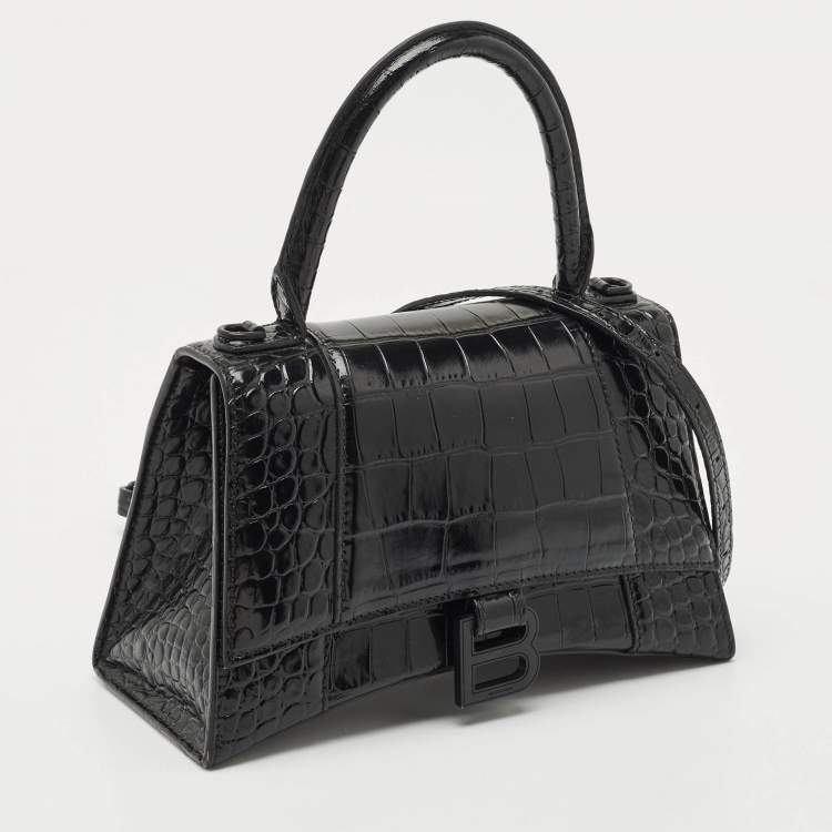 Pre Owned Balenciaga Black Croc Embossed Leather Small Hourglass Top Handle Bag