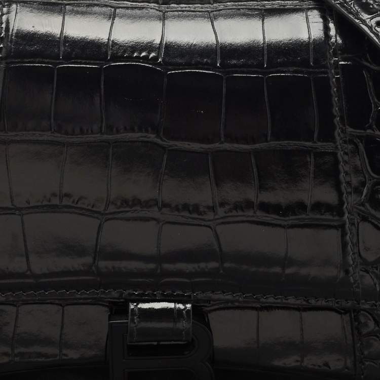 Pre Owned Balenciaga Black Croc Embossed Leather Small Hourglass Top Handle Bag