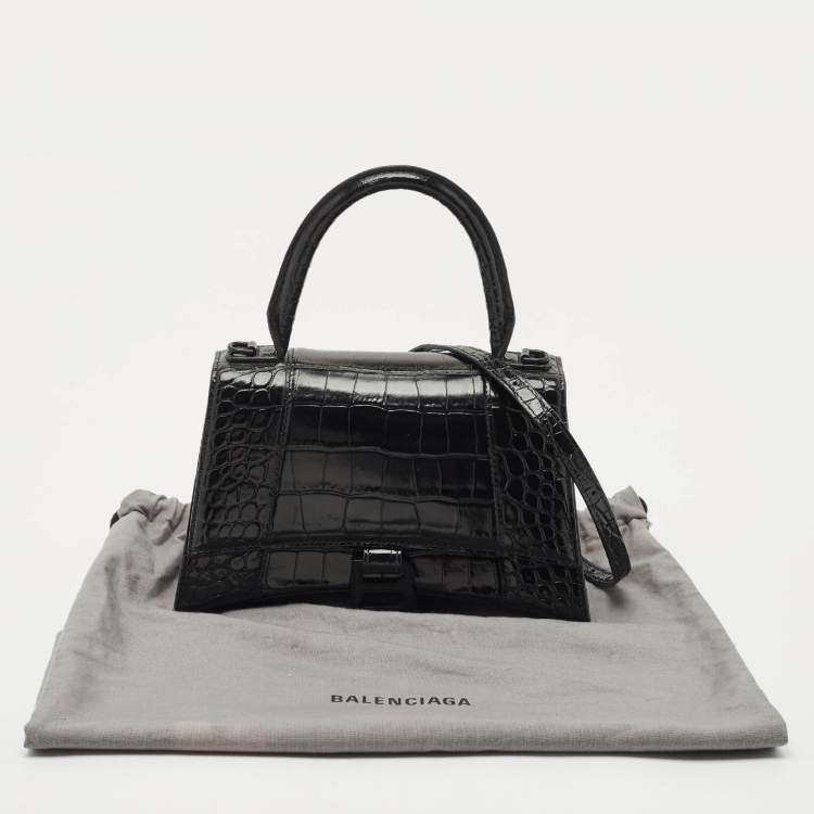 Pre Owned Balenciaga Black Croc Embossed Leather Small Hourglass Top Handle Bag