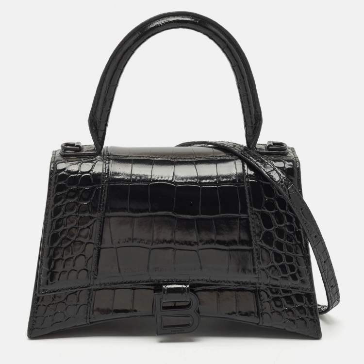 Pre Owned Balenciaga Black Croc Embossed Leather Small Hourglass Top Handle Bag