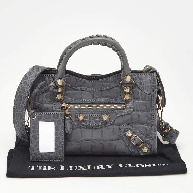 Pre Owned Balenciaga Grey Croc Embossed Leather Mini Classic City Bag