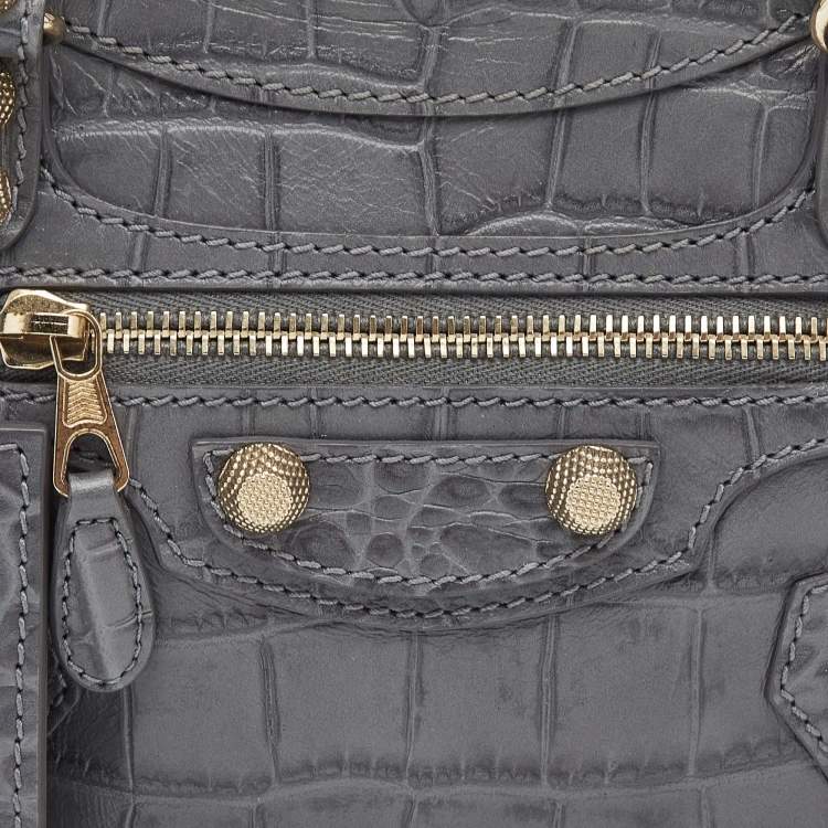 Pre Owned Balenciaga Grey Croc Embossed Leather Mini Classic City Bag