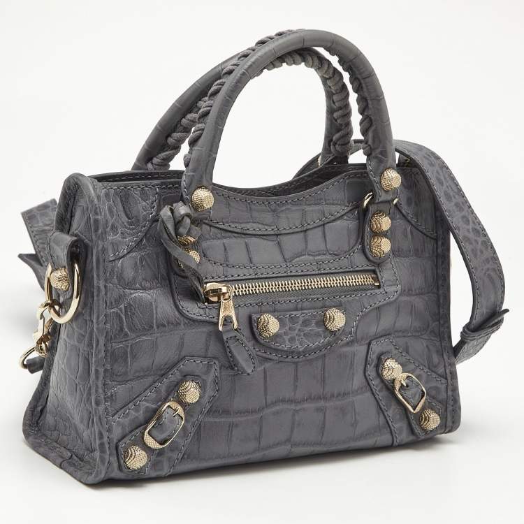 Pre Owned Balenciaga Grey Croc Embossed Leather Mini Classic City Bag