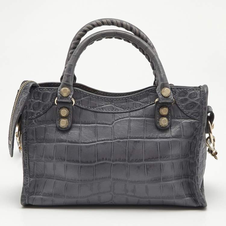 Pre Owned Balenciaga Grey Croc Embossed Leather Mini Classic City Bag