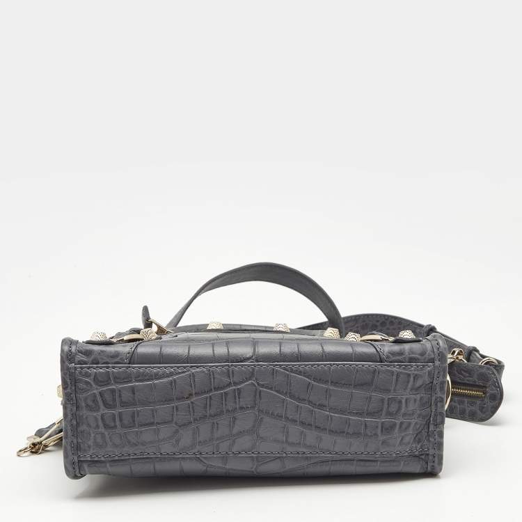 Pre Owned Balenciaga Grey Croc Embossed Leather Mini Classic City Bag