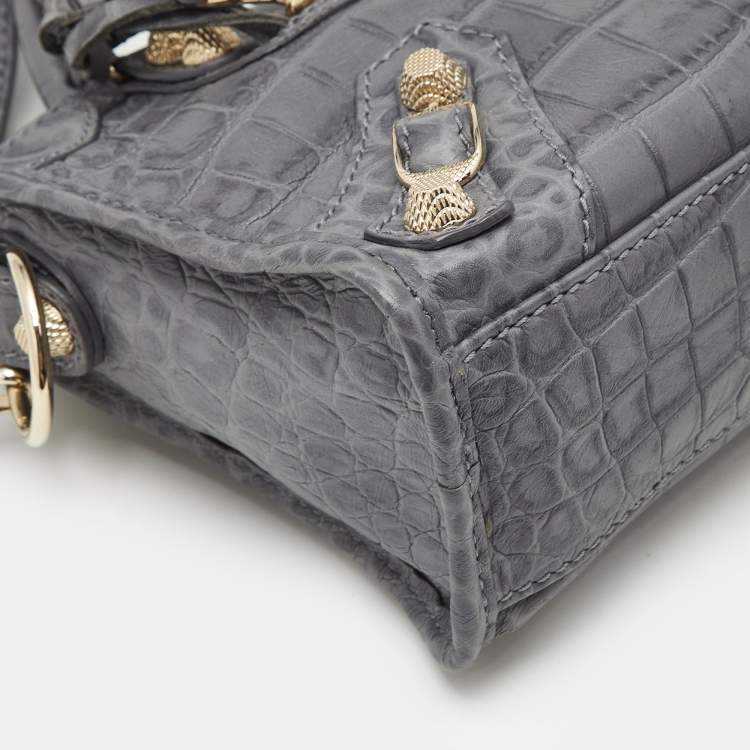 Pre Owned Balenciaga Grey Croc Embossed Leather Mini Classic City Bag