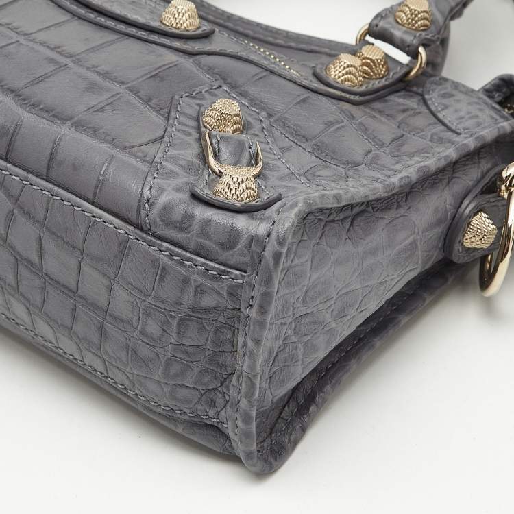 Pre Owned Balenciaga Grey Croc Embossed Leather Mini Classic City Bag