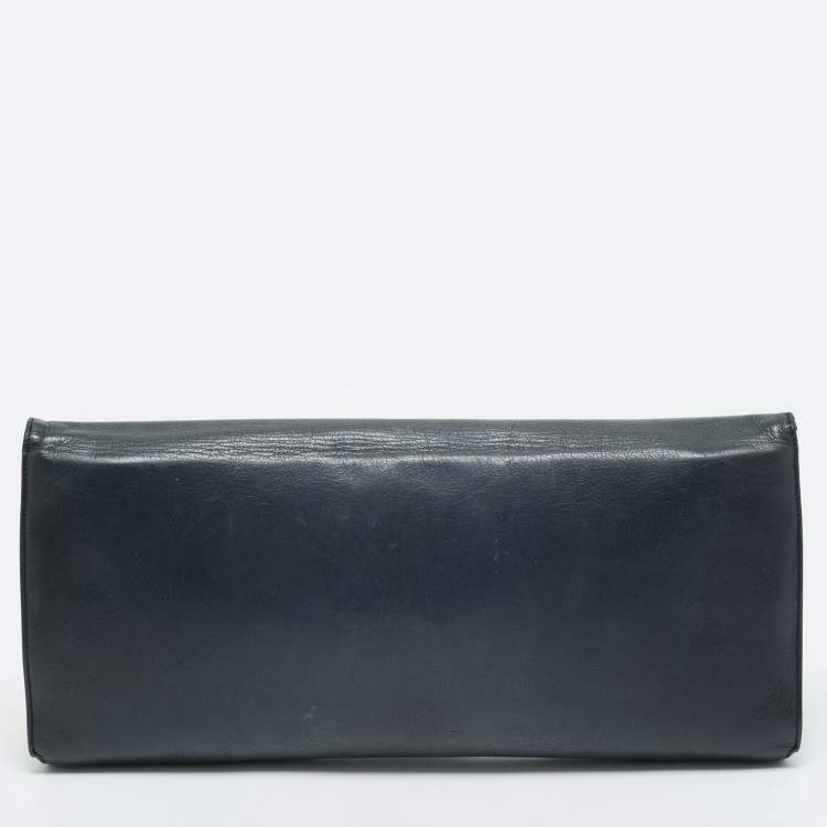 Pre Owned Balenciaga Navy Blue Leather Papier Long Clutch