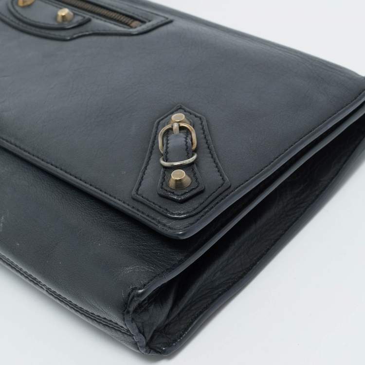 Pre Owned Balenciaga Navy Blue Leather Papier Long Clutch