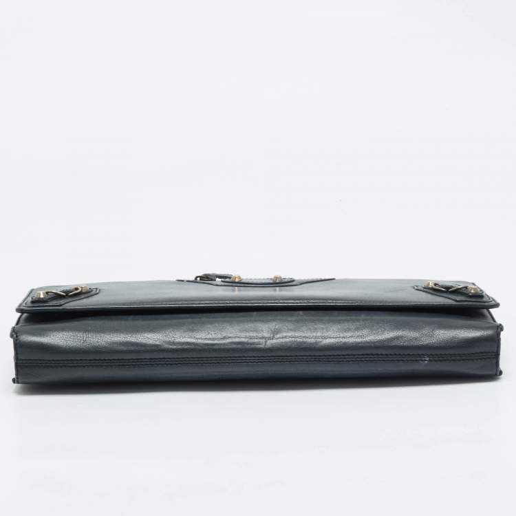 Pre Owned Balenciaga Navy Blue Leather Papier Long Clutch