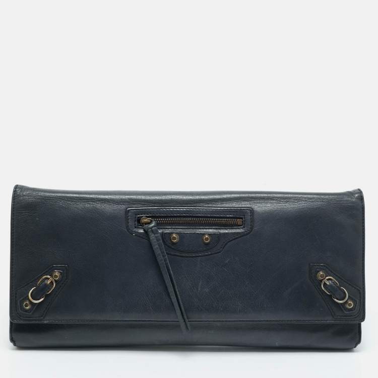 Pre Owned Balenciaga Navy Blue Leather Papier Long Clutch