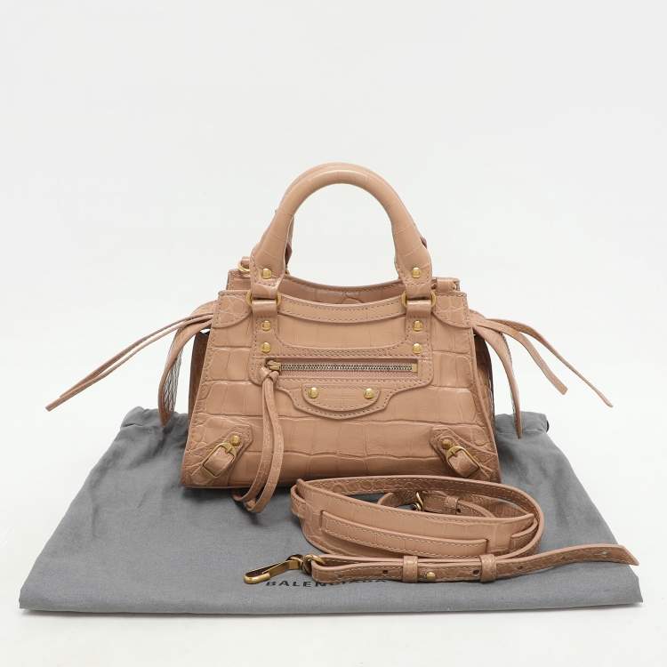 Pre Owned Balenciaga Beige Croc Embossed Leather Mini Neo Classic City Satchel