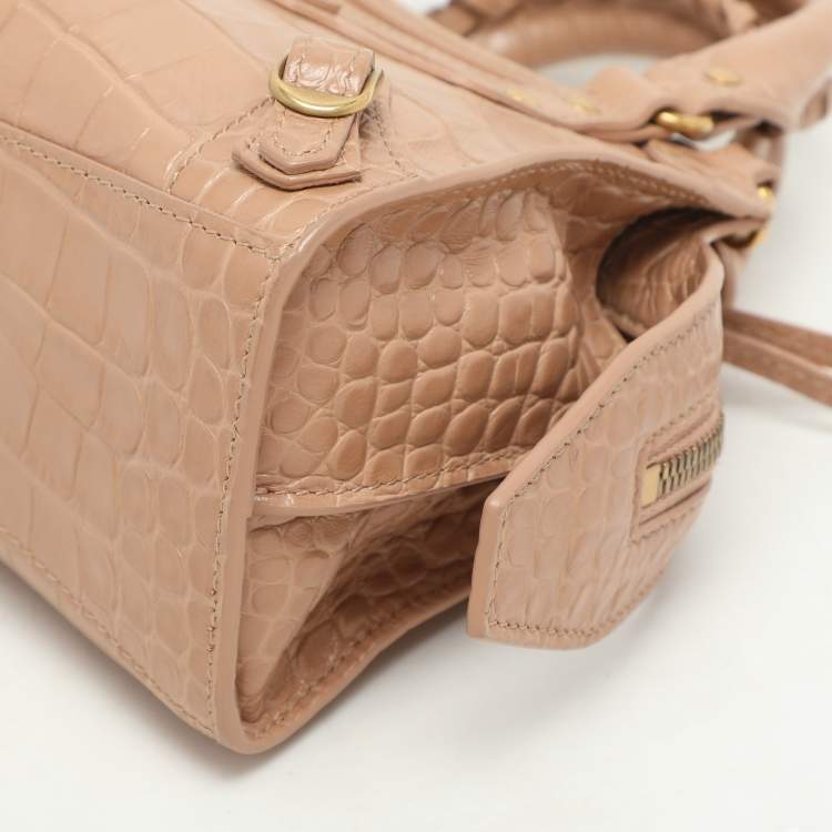 Pre Owned Balenciaga Beige Croc Embossed Leather Mini Neo Classic City Satchel