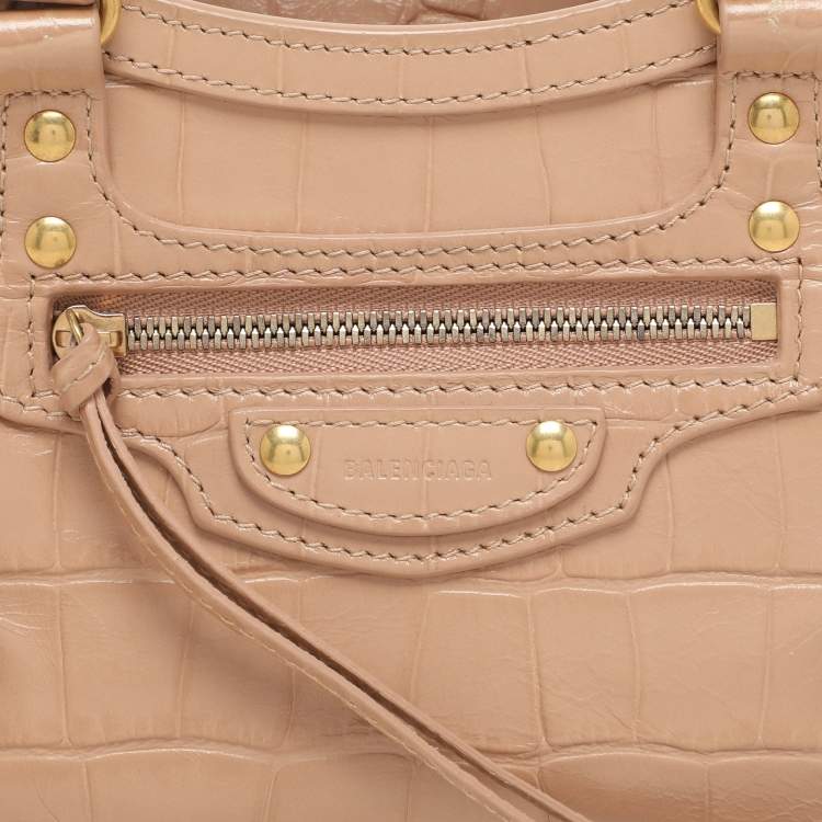 Pre Owned Balenciaga Beige Croc Embossed Leather Mini Neo Classic City Satchel