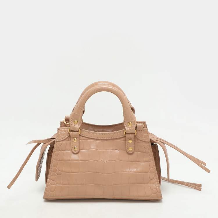 Pre Owned Balenciaga Beige Croc Embossed Leather Mini Neo Classic City Satchel