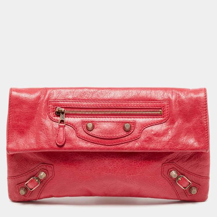Pre Owned Balenciaga Coral Pink Leather RH Classic Envelope Clutch