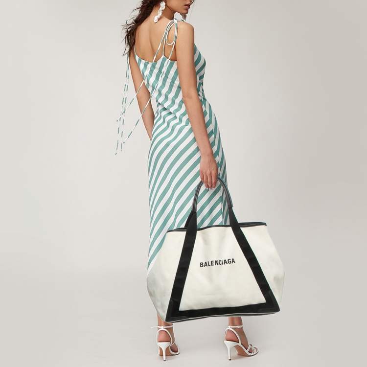 Pre Owned Balenciaga Black/Off White Canvas and Leather Large Cabas Tote