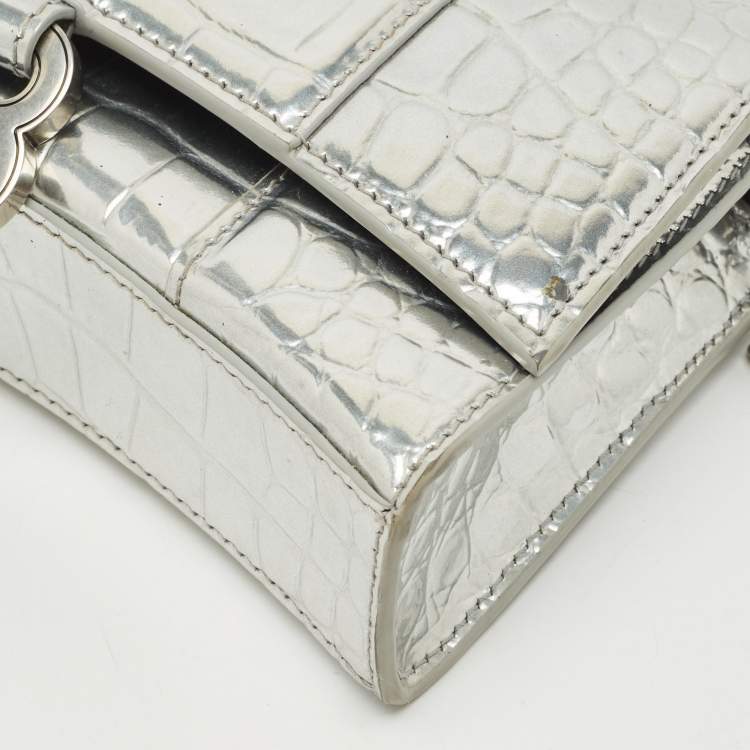 Pre Owned Balenciaga Silver Croc Embossed Patent Leather Hourglass Wallet on Chain