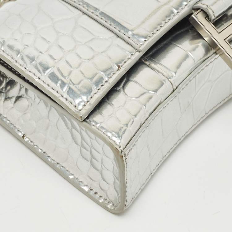 Pre Owned Balenciaga Silver Croc Embossed Patent Leather Hourglass Wallet on Chain