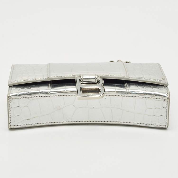 Pre Owned Balenciaga Silver Croc Embossed Patent Leather Hourglass Wallet on Chain